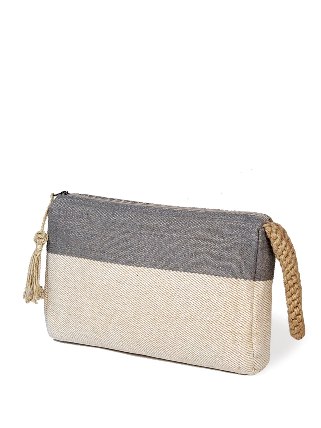 Handwoven jute-cotton clutch bag in gray with color-block design and macrame accent handle