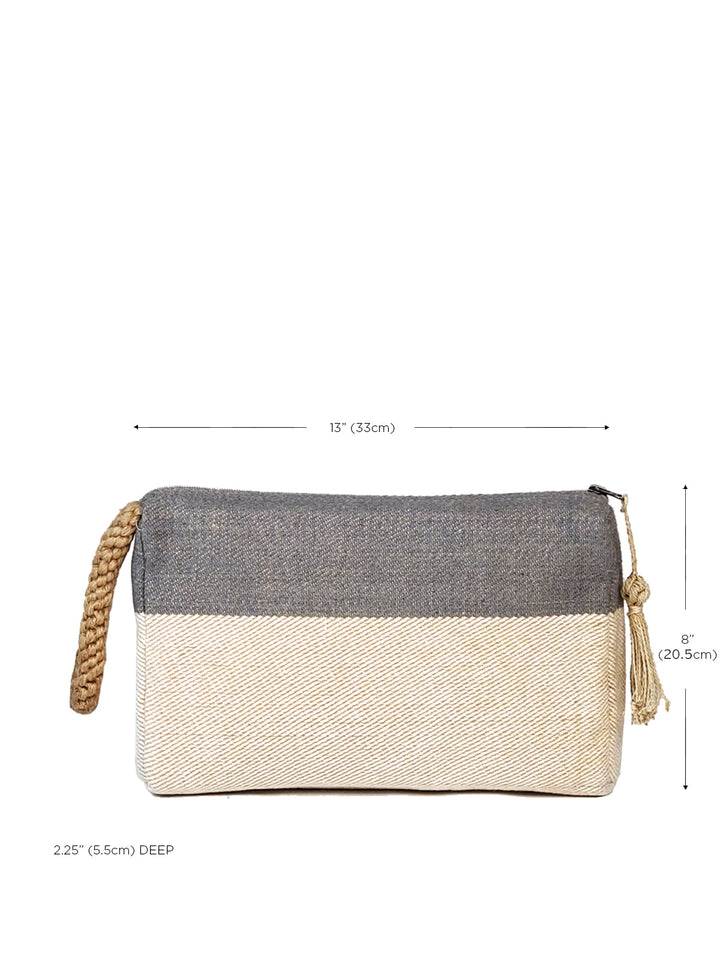 Gray and natural handwoven jute-cotton clutch with top zipper closure