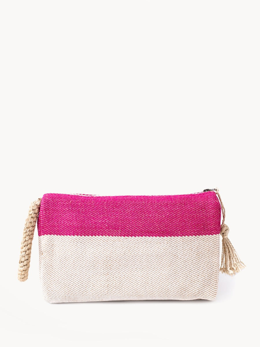 Color-block jute-cotton clutch in pink with oversize macrame accent handle
