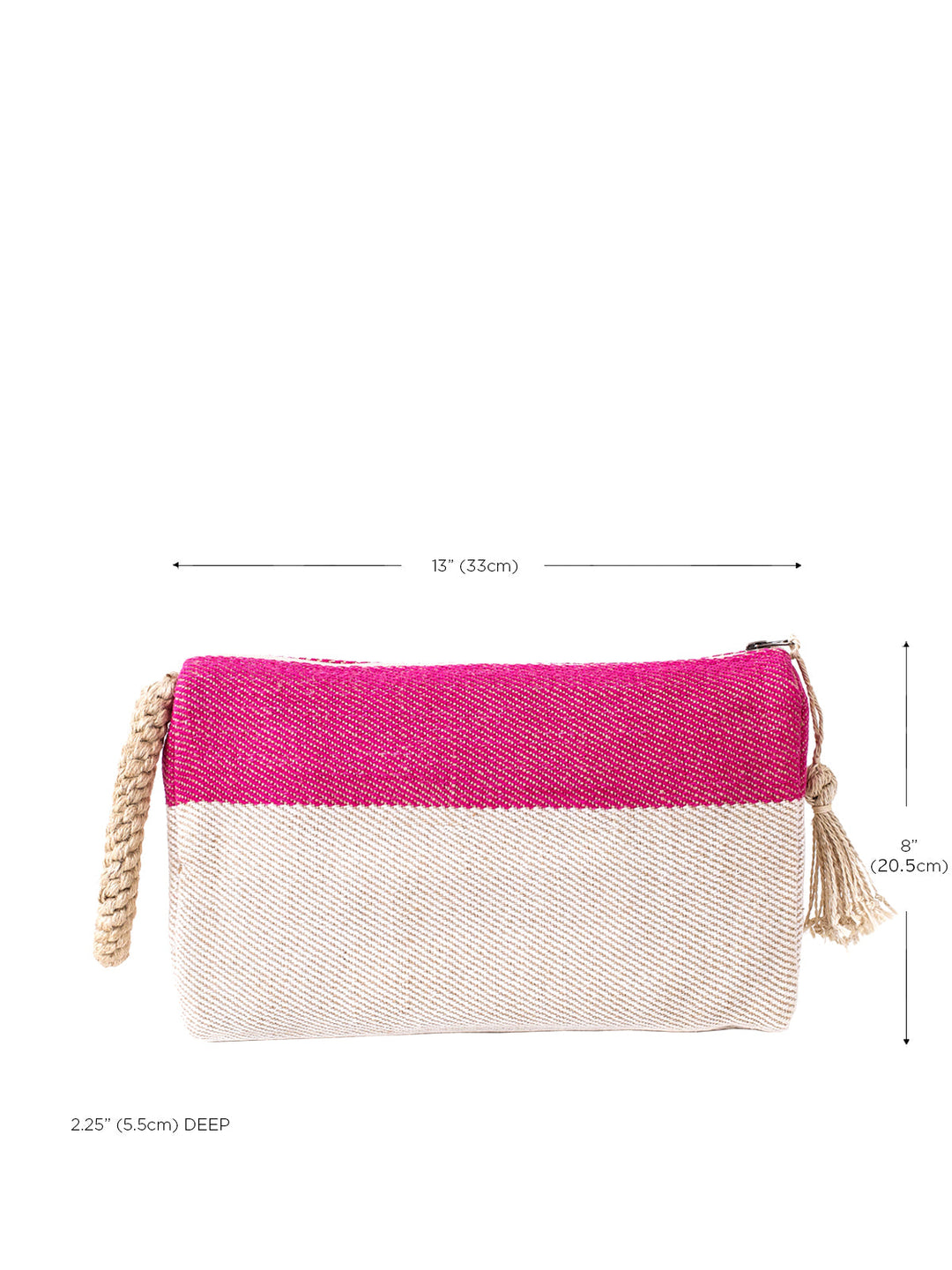 Pink and natural handwoven jute-cotton clutch with top zipper closure