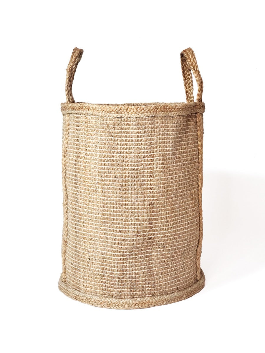 Natural braided jute hamper by DC-KORISSA with sturdy handles for stylish laundry or storage.