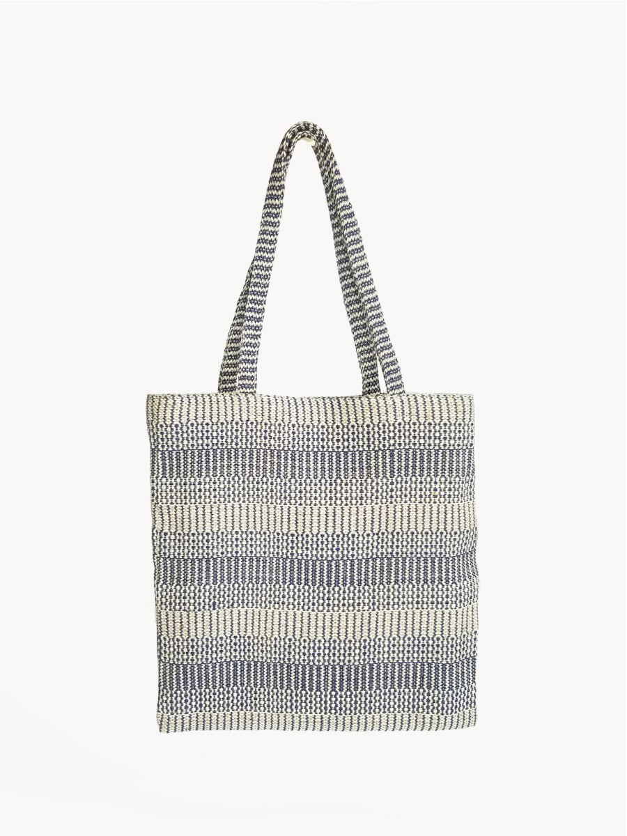 Handwoven jute-cotton daily tote in blue with soft fabric carry handles