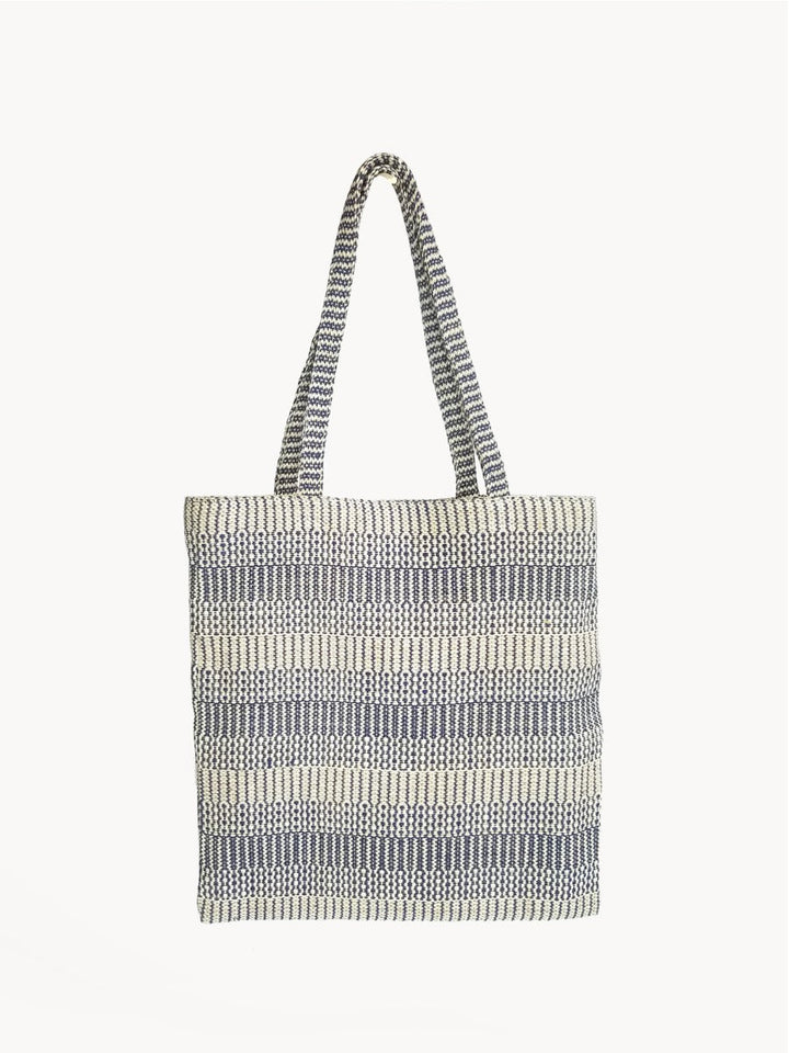Handwoven jute-cotton daily tote in blue with soft fabric carry handles