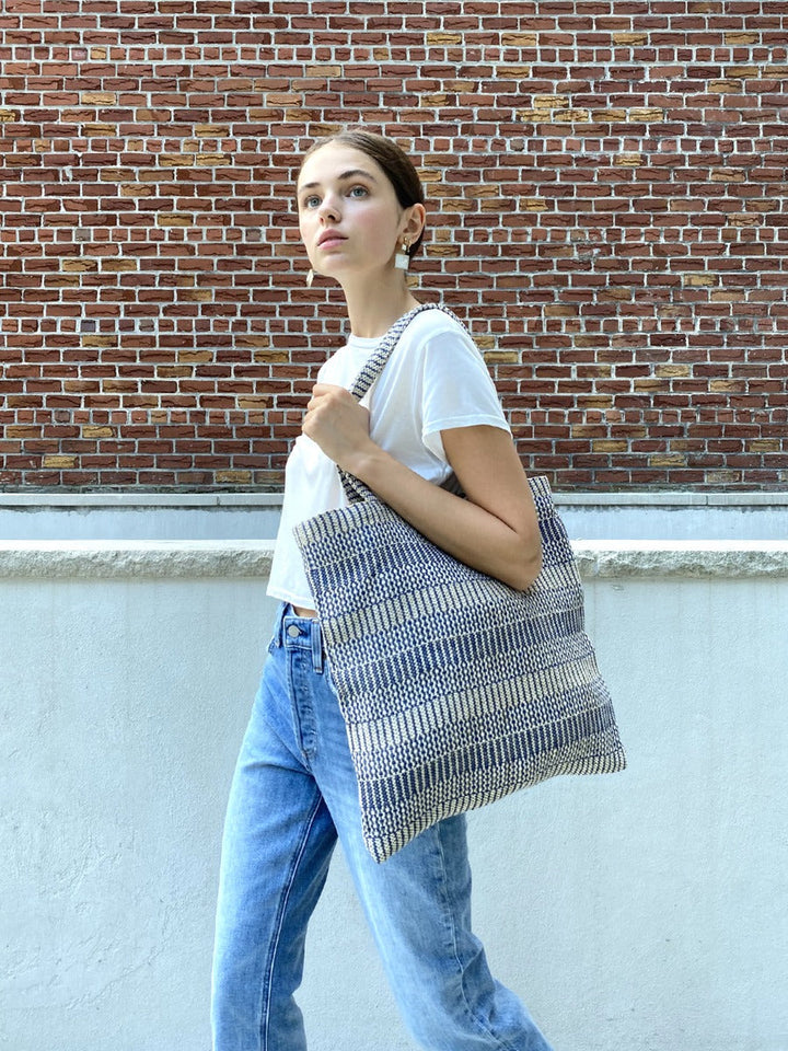 Blue jute-cotton bag, 15.75 inch square handwoven tote with sturdy handles