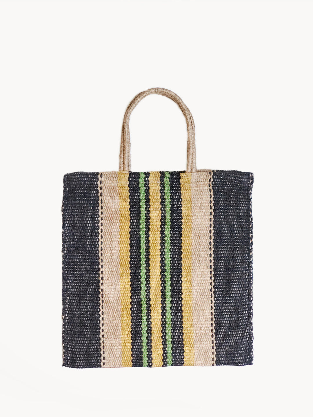 Navy jute tote bag with multi-color center stripes in cream, yellow, and green