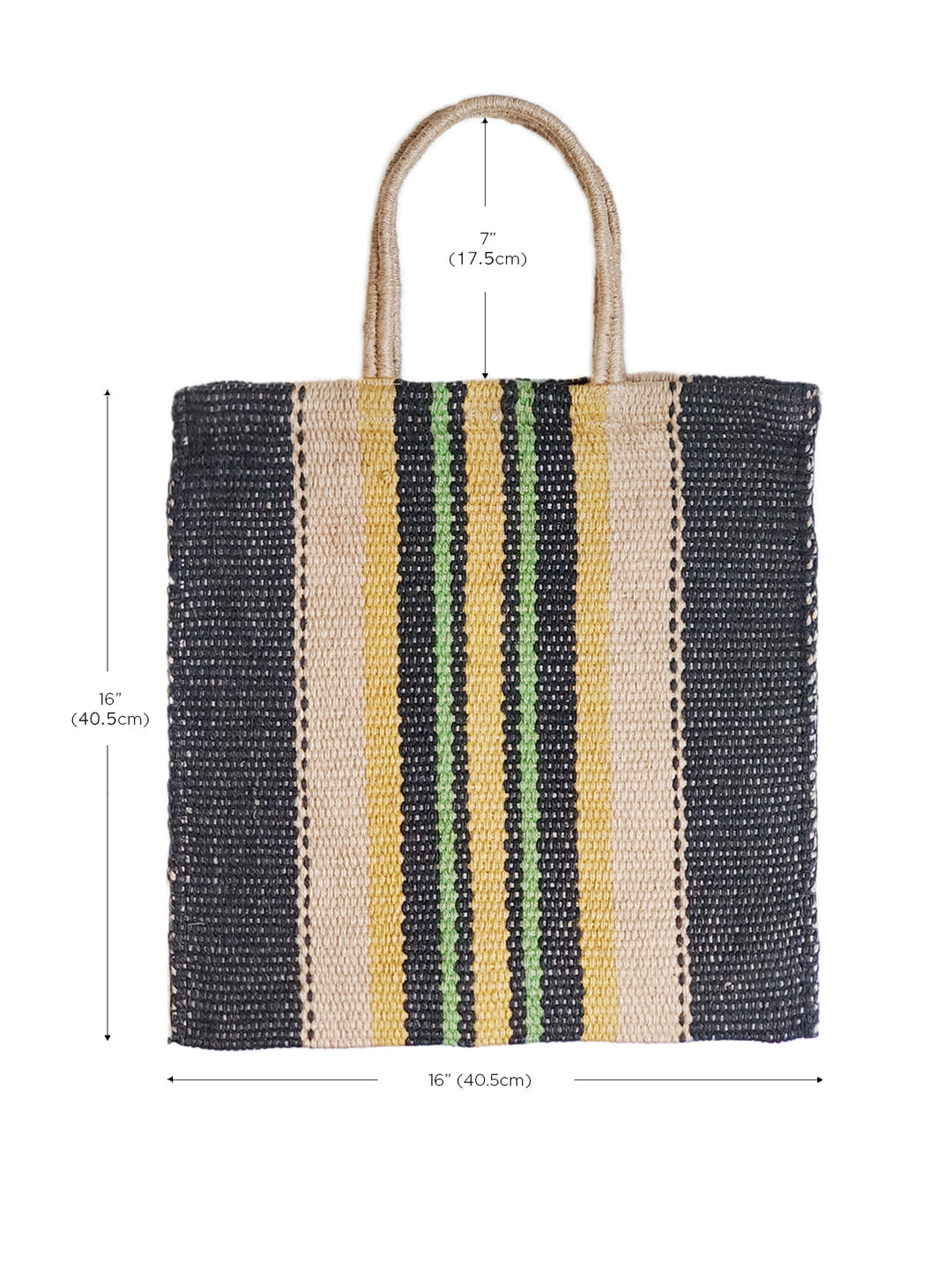 Bold multi-color striped jute tote with navy base, Fair Trade made