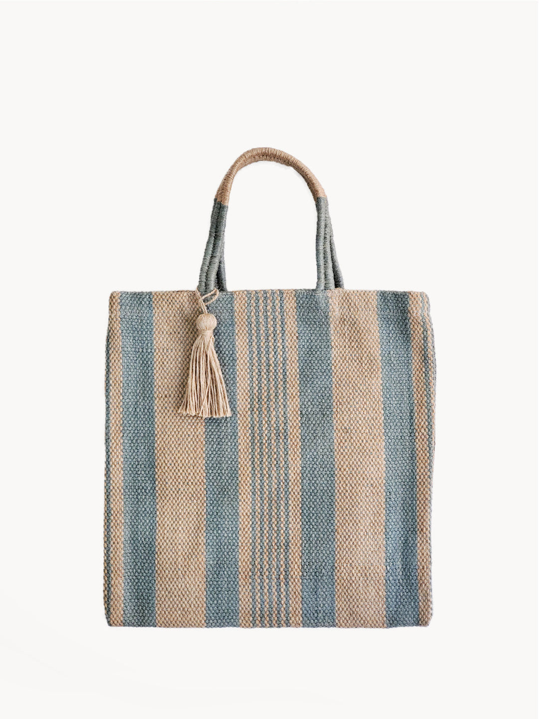 Pale green and natural striped jute tote bag with wrapped handles
