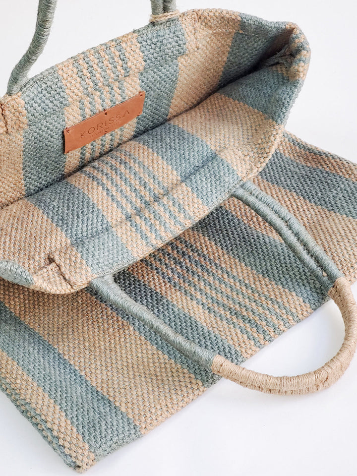 Striped jute tote bag in pale green and natural beige stripes, Fair Trade made