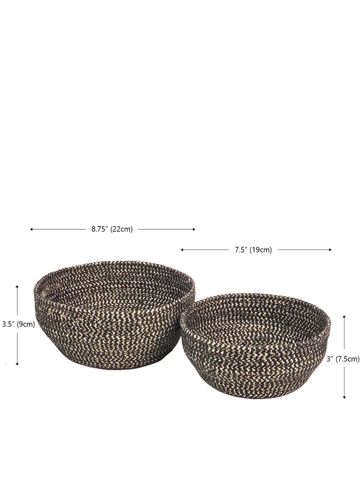 Two-size set of black jute bowls with golden glitter mesh, Fair Trade handmade