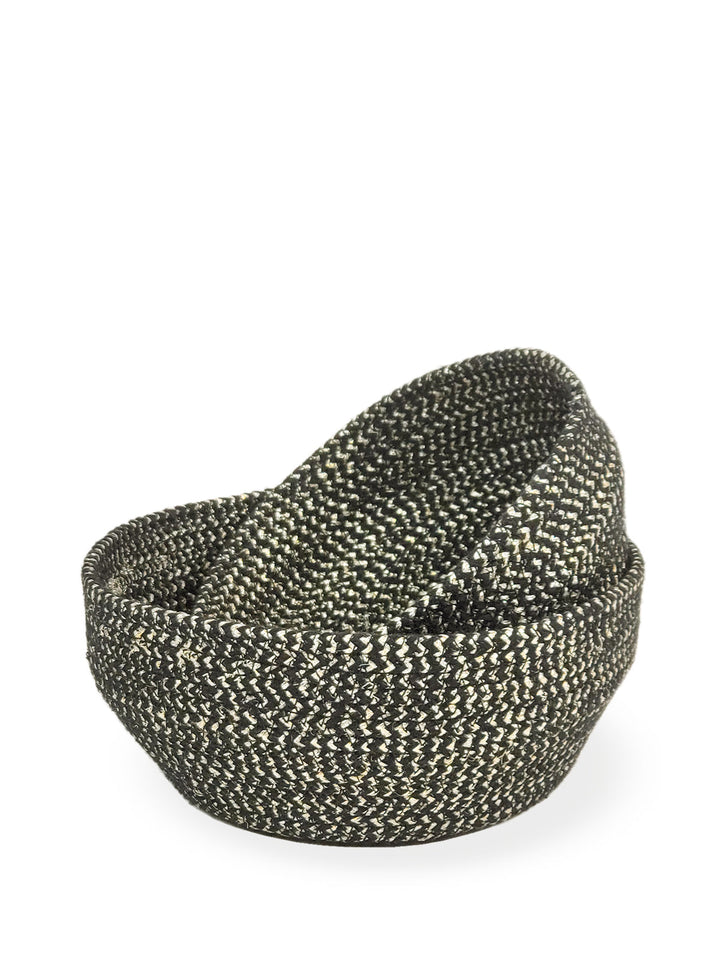 Black braided jute bowls with gold mesh weave, set of 2 catch-all storage