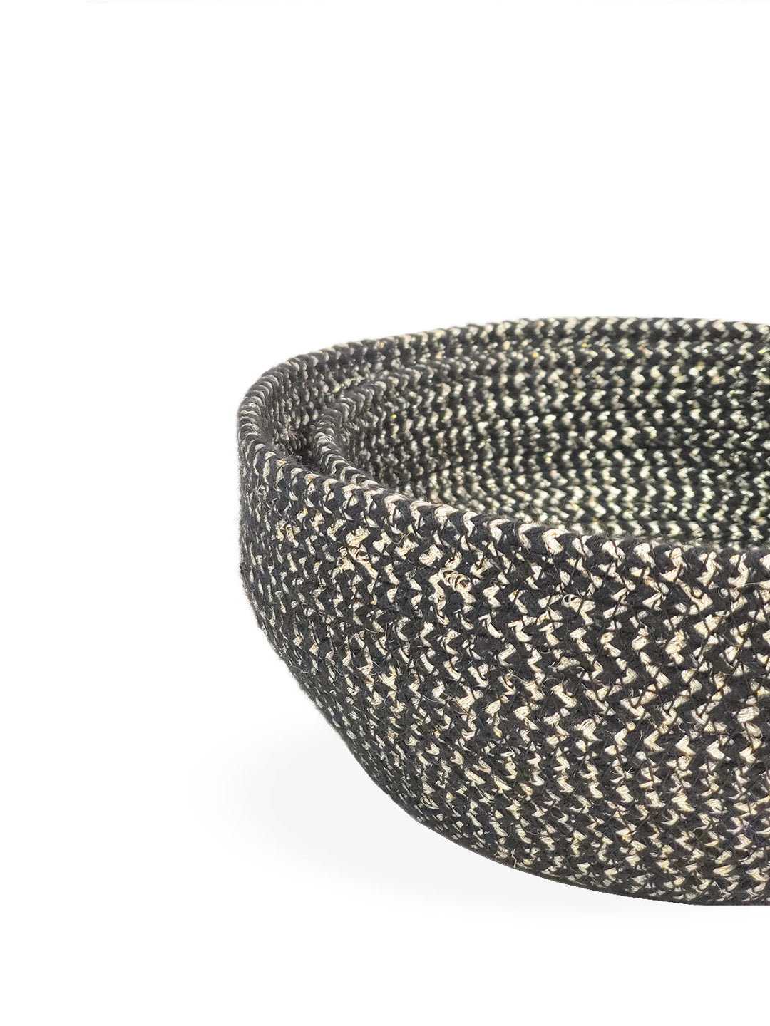 Black and gold catch-all bowls, handcrafted from braided jute and golden yarn