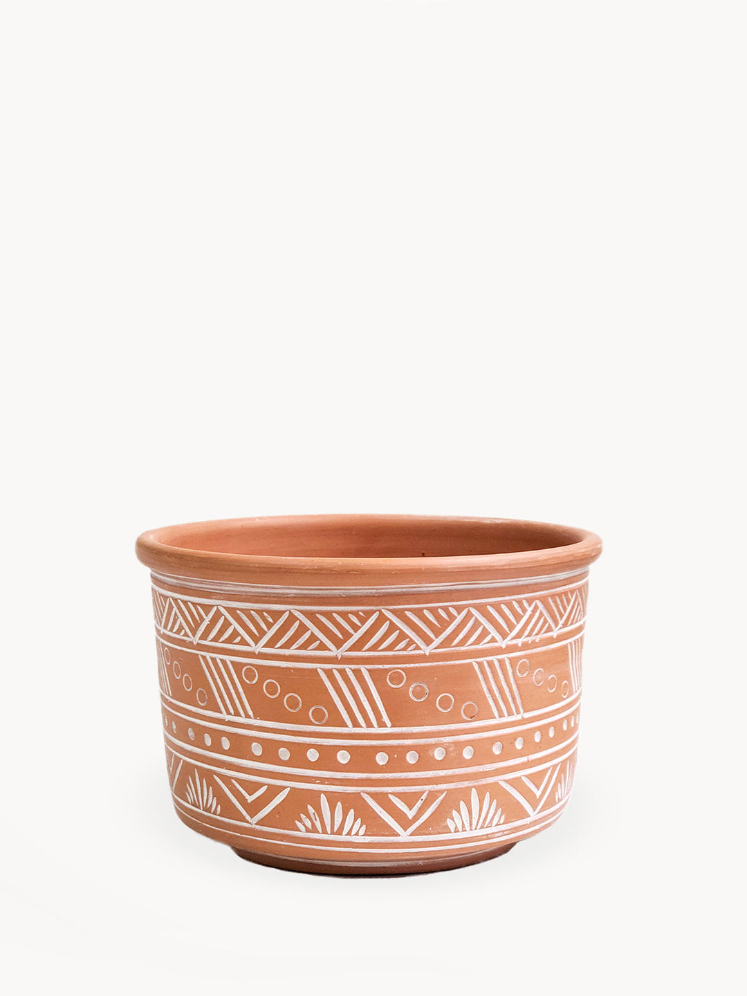 Large hand-etched terracotta pot with intricate geometric patterns