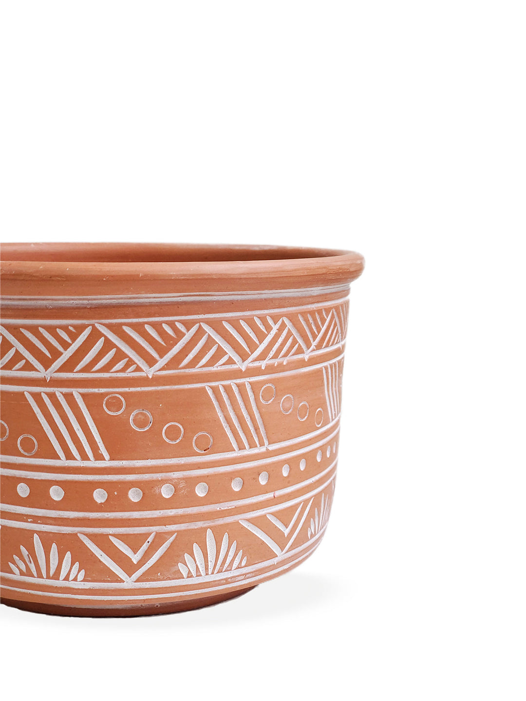 Large hand-etched terracotta pot with a geometric design