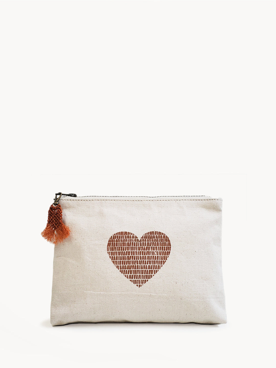 Hand-screen-printed cotton canvas pouch in cream with cinnamon love design