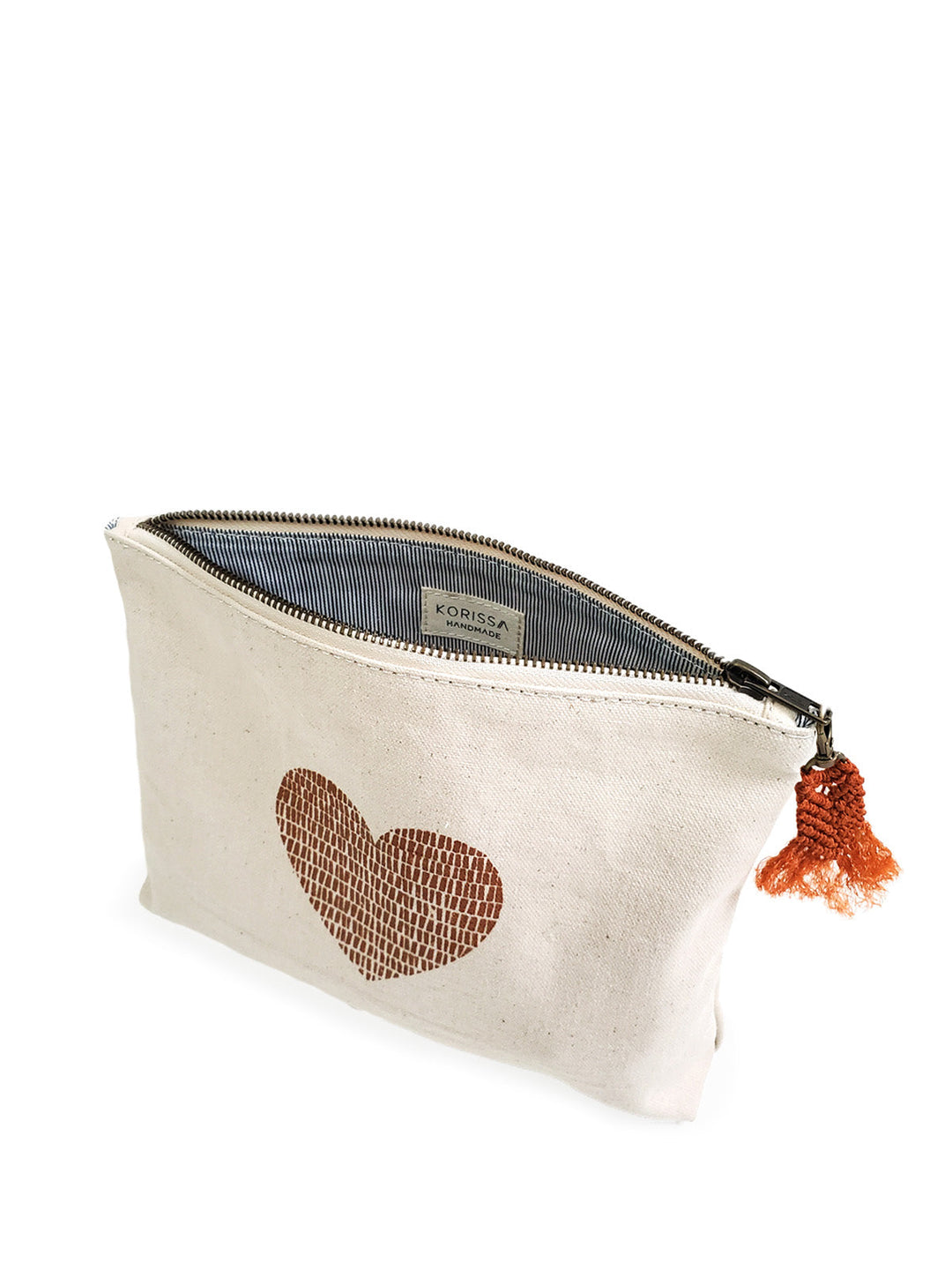 Hand-printed canvas pouch in cream cotton with love motif and hemp tassel