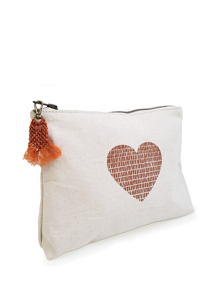 Natural cotton canvas pouch with love design, sized for makeup or travel essentials