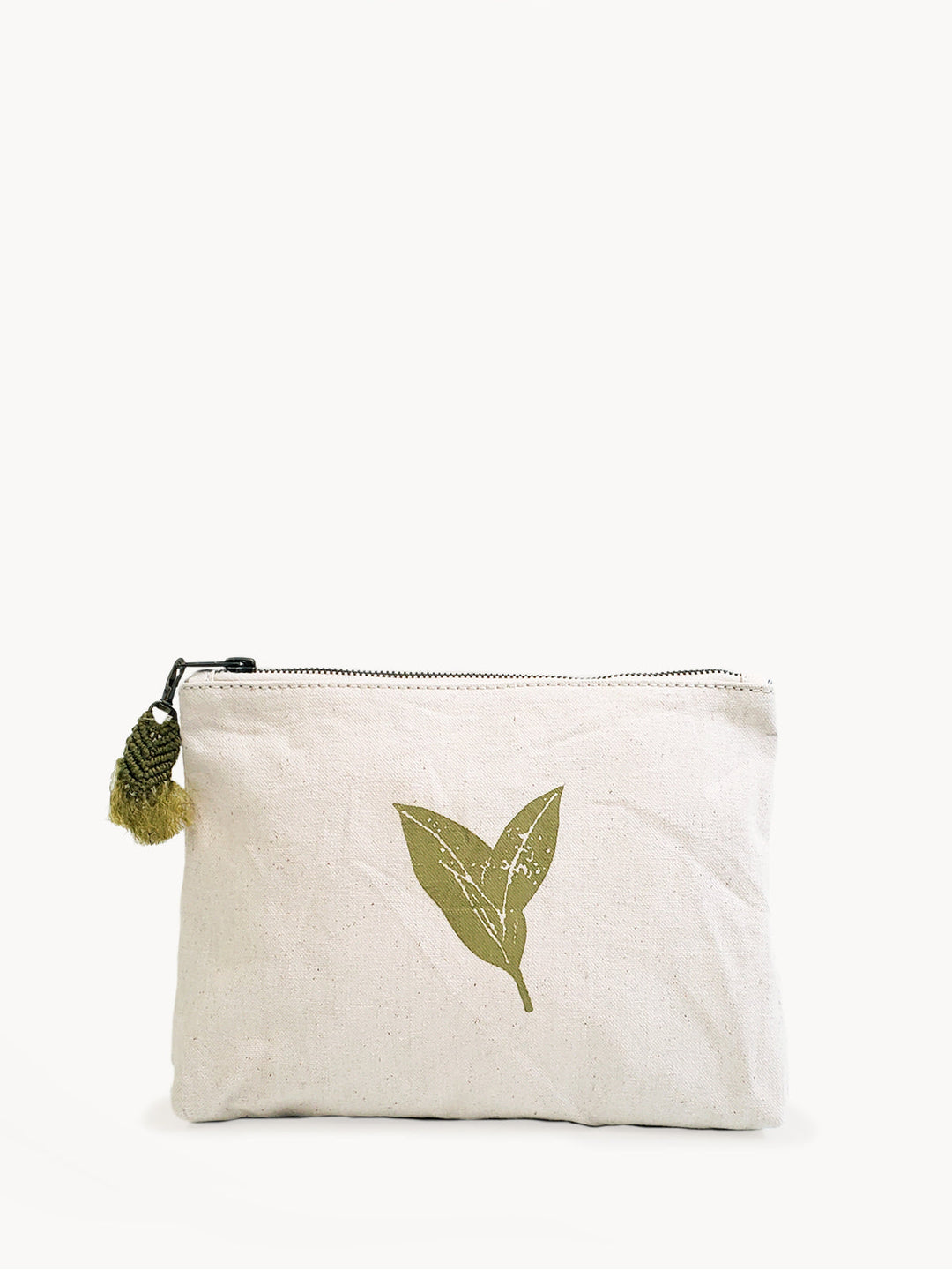 Hand-screen-printed cotton canvas pouch in cream with sage botanical design