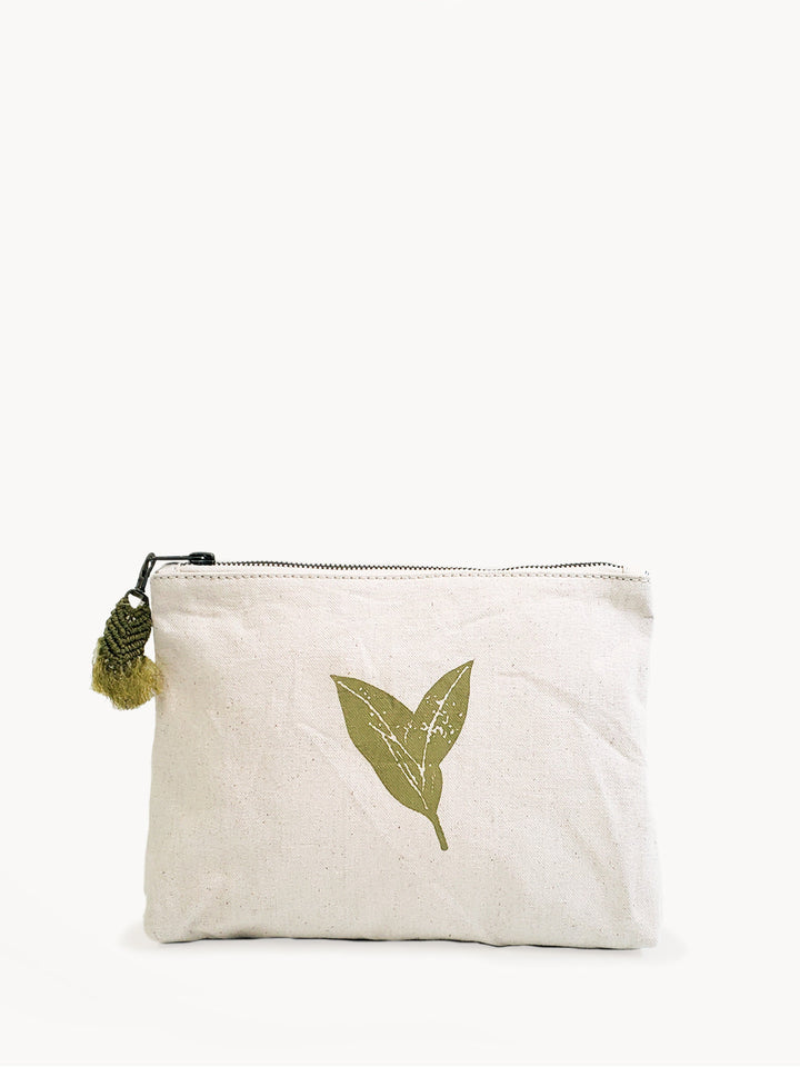 Hand-screen-printed cotton canvas pouch in cream with sage botanical design