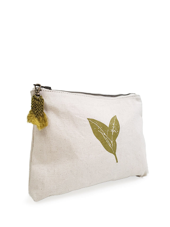 Natural cotton canvas pouch with sage nature design, sized for makeup or travel