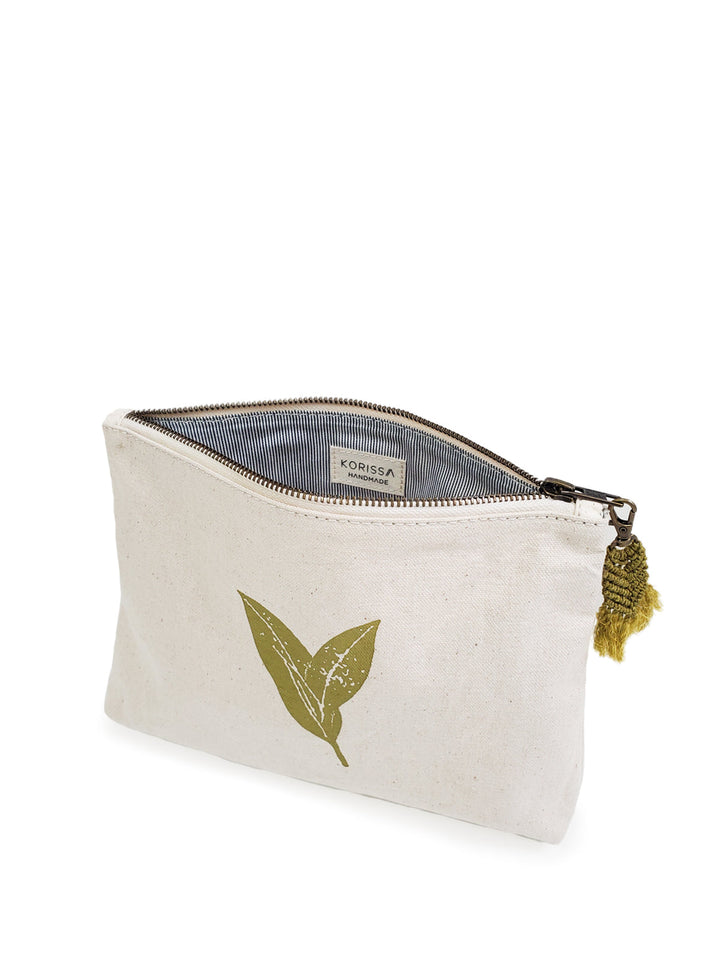 Hand-printed canvas pouch in cream cotton with botanical sage design and tassel