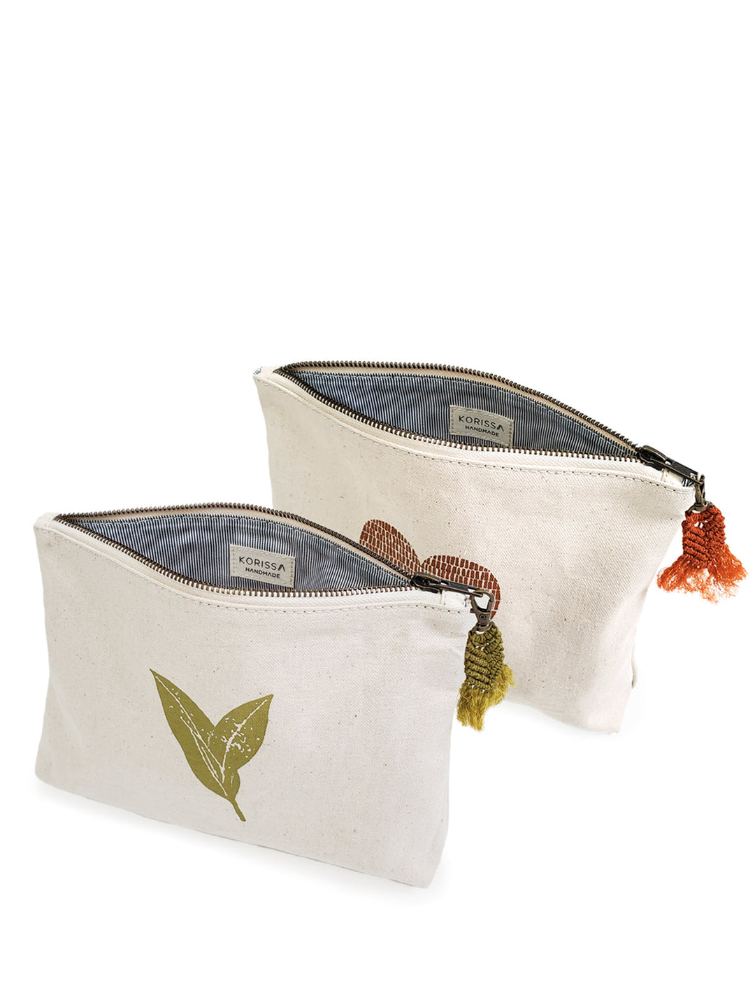Sage-printed canvas organizer pouch with hemp tassel, Fair Trade handmade