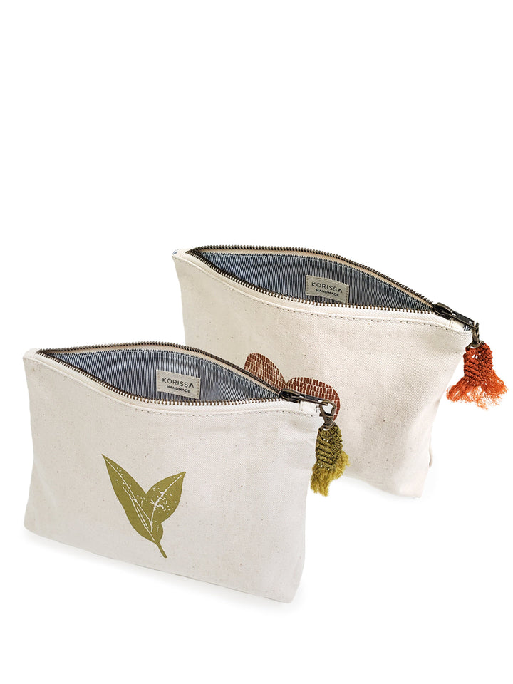 Sage-printed canvas organizer pouch with hemp tassel, Fair Trade handmade