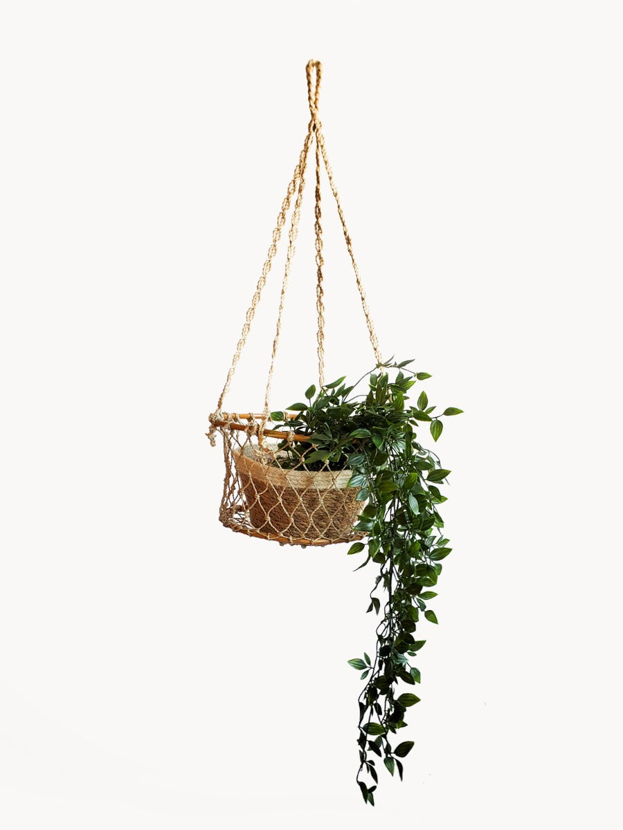 Handwoven jute hanging basket with a natural rustic finish