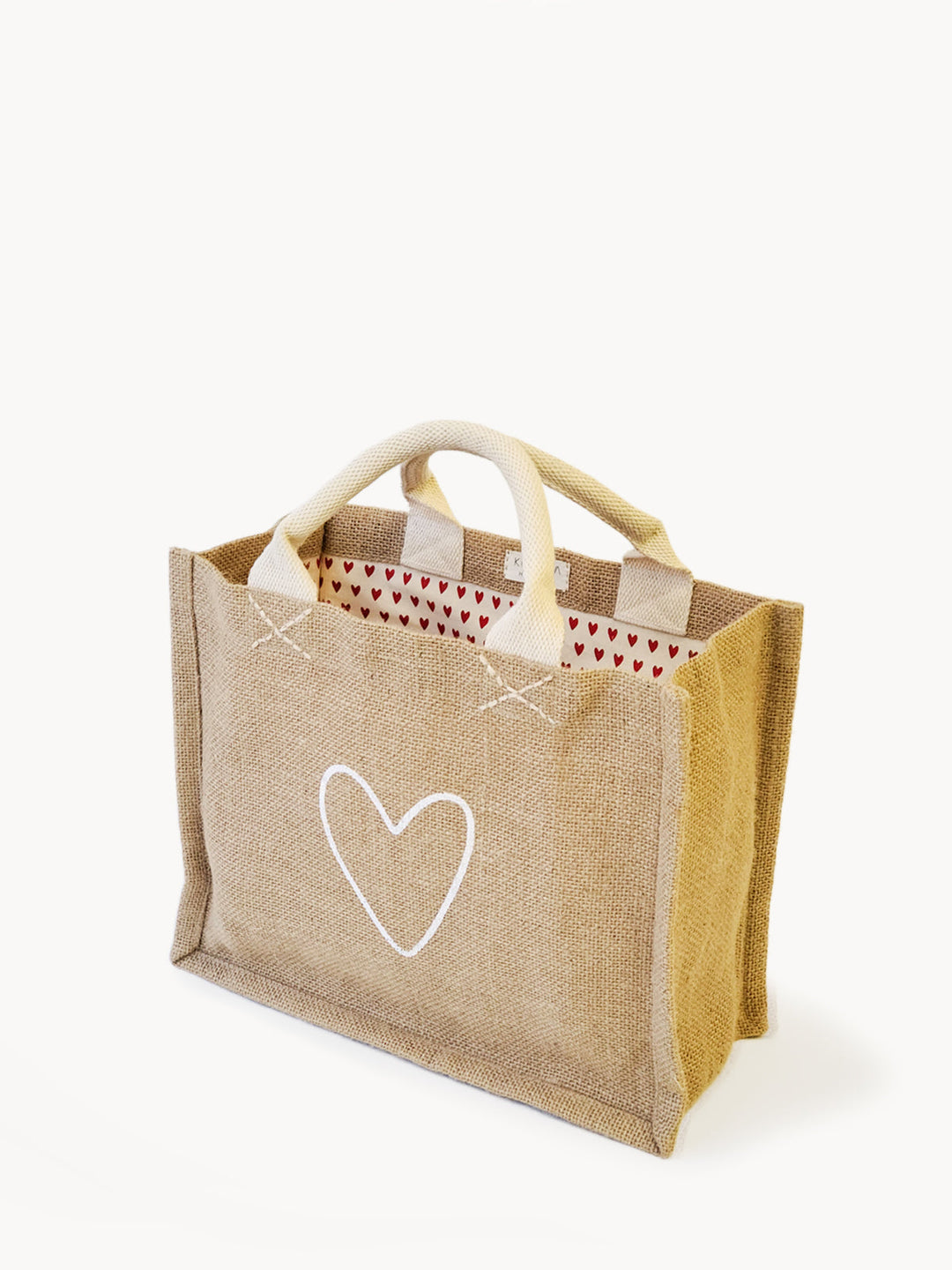 Jute canvas gift bag with a heart Love print and natural burlap texture