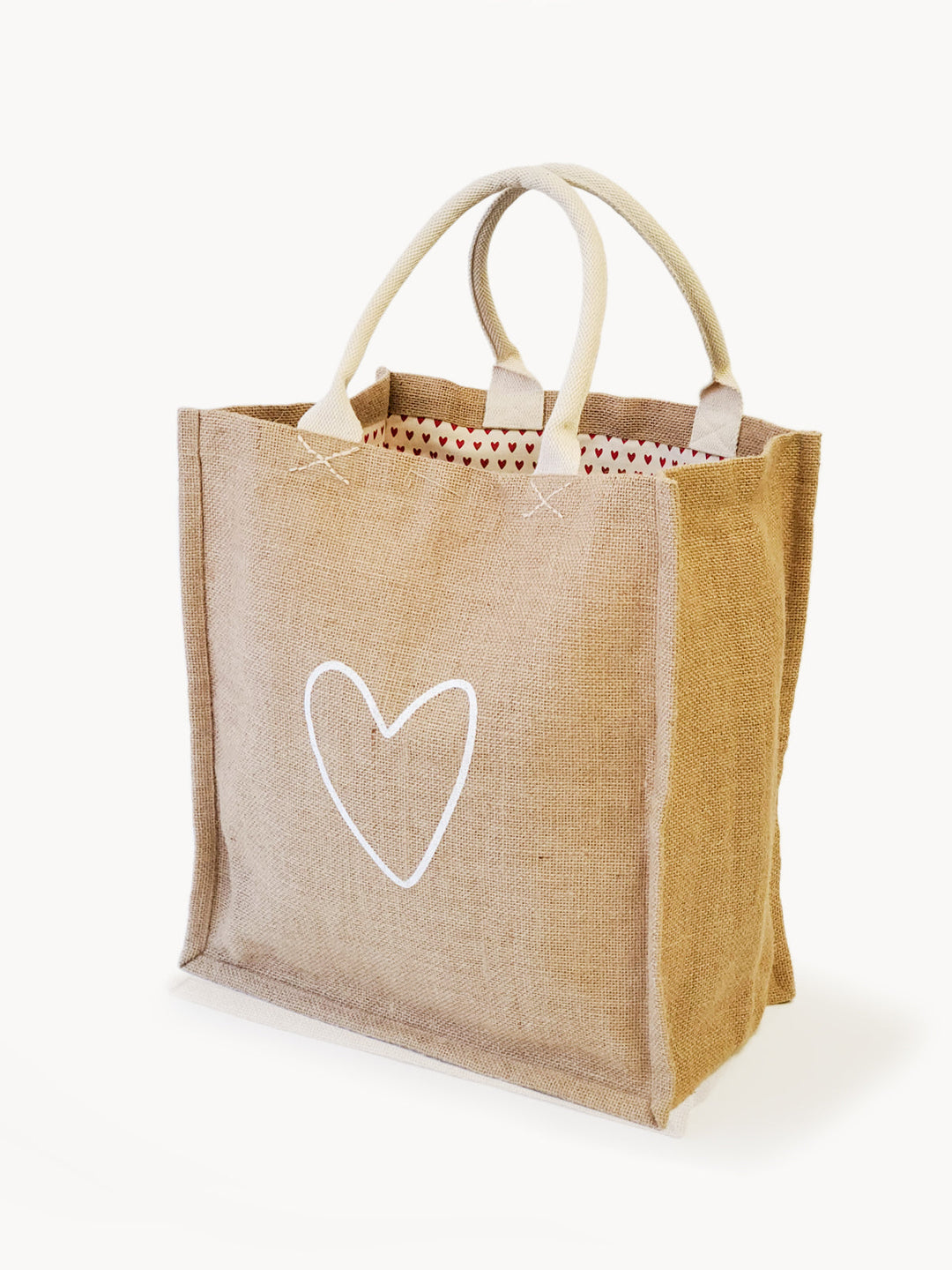 Jute canvas market bag with a heart Love print and sturdy handles