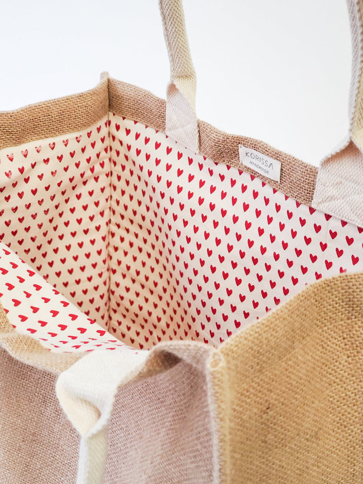 Spacious heart-print jute canvas market bag for groceries