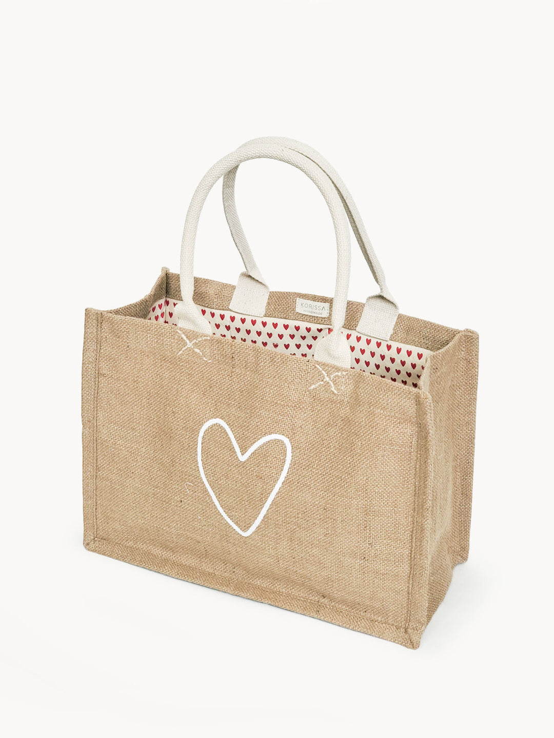 Jute canvas shopping bag with a heart Love print, a reusable grocery tote
