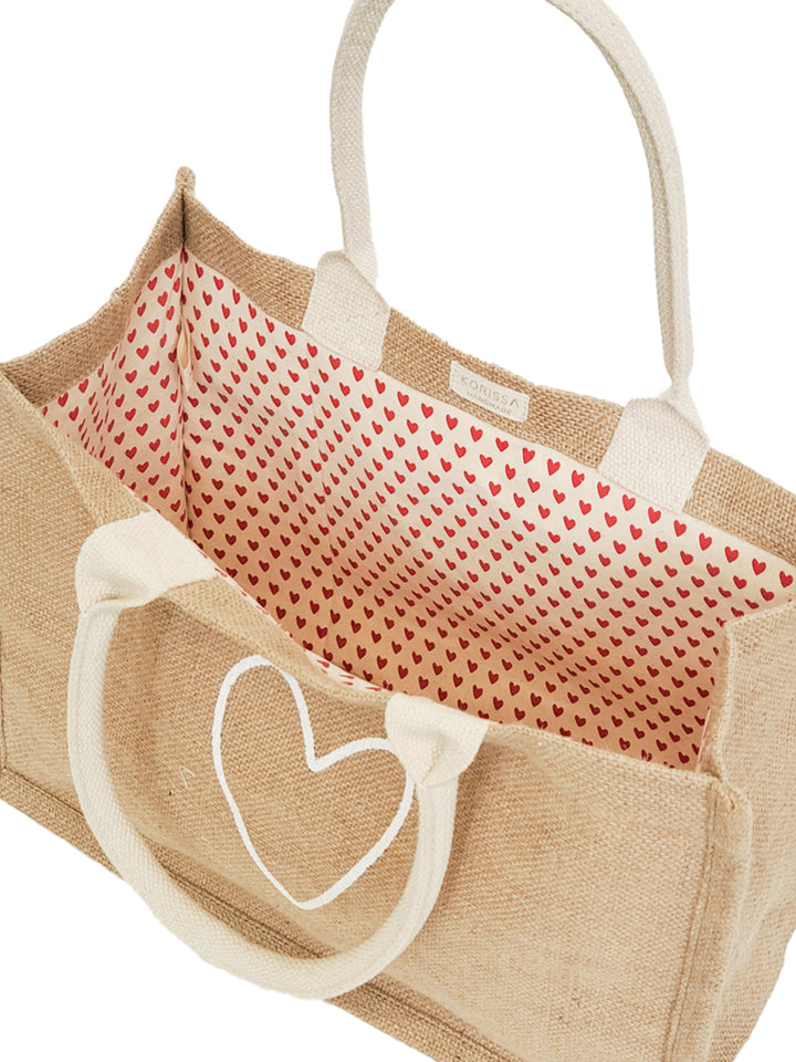 Eco-friendly jute canvas shopping bag with a Love print