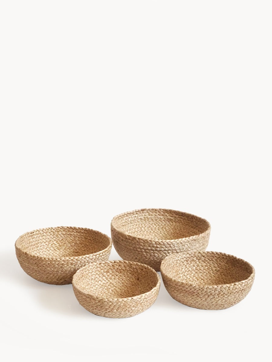 Set of four natural jute nesting serving bowls, handwoven for candy, nuts, or catch-all