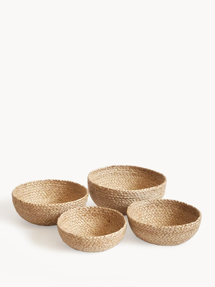 Set of four natural jute nesting serving bowls, handwoven for candy, nuts, or catch-all