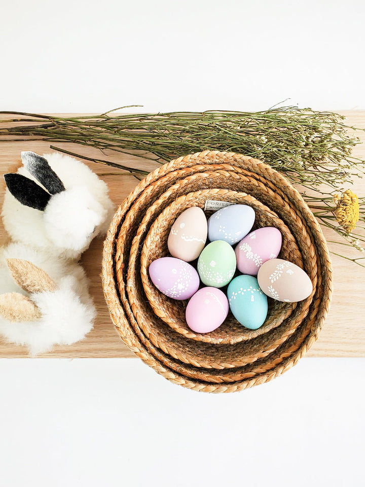 Set of four Kata Candy Bowls in natural jute by DC-KORISSA, showcasing eco-friendly, handcrafted storage containers with a rustic look.