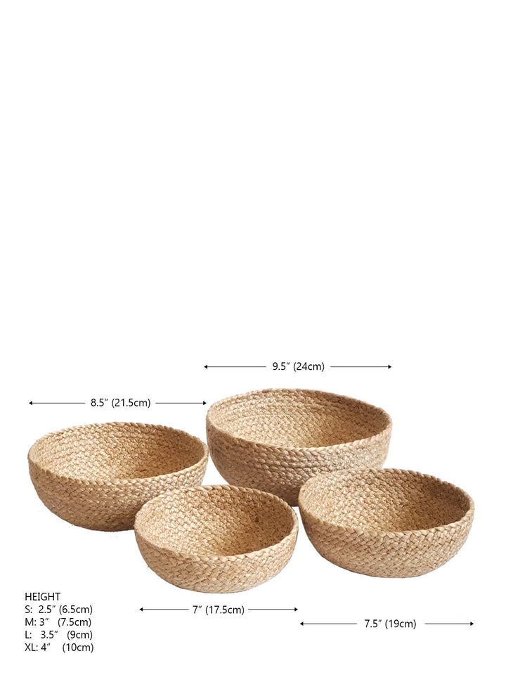 Set of four Kata Candy Bowls made from natural jute by DC-KORISSA, showcasing eco-friendly woven storage containers.
