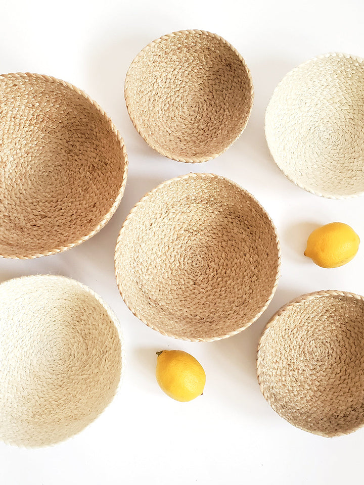 Set of four Kata Candy Bowls made from natural jute by DC-KORISSA, arranged in a display.