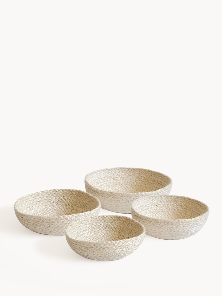 Set of four white jute nesting storage bowls, hand-dyed for organizing and decor