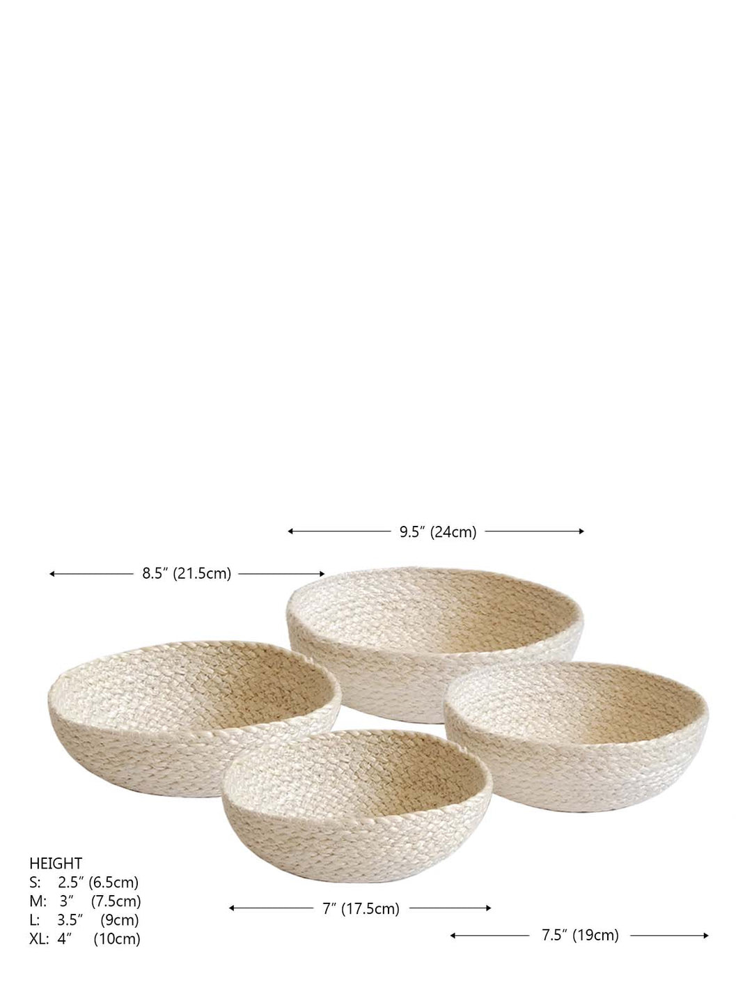 Set of four white jute Kata storage bowls by DC-KORISSA, decorative and versatile for home organization.