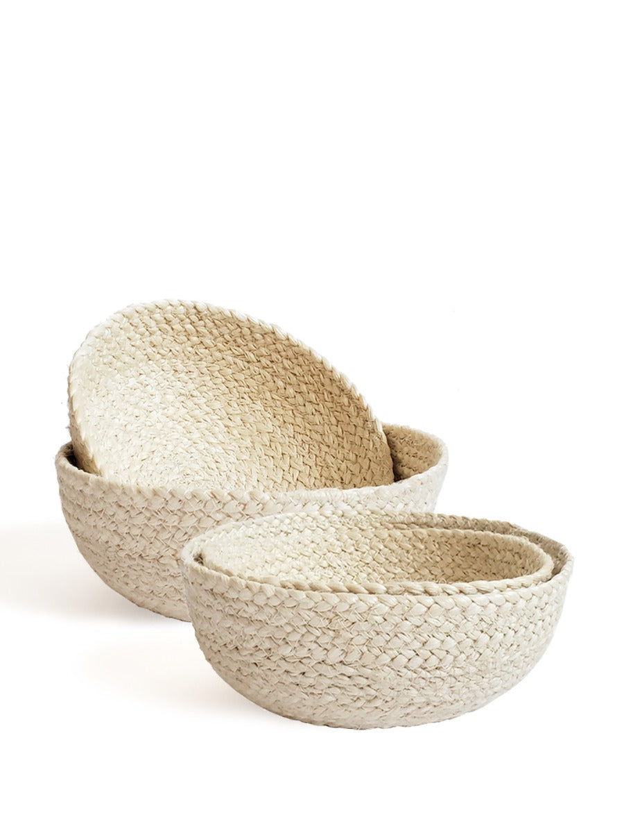 Set of four white jute Kata Storage Bowls by DC-KORISSA, featuring a clean, minimalist design for kitchen organization.