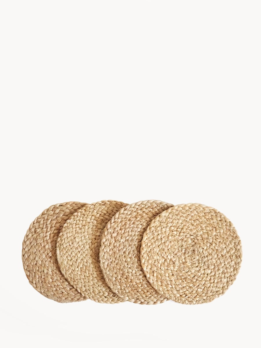 Set of 4 natural braided jute coaster-trivets, 6 inch round