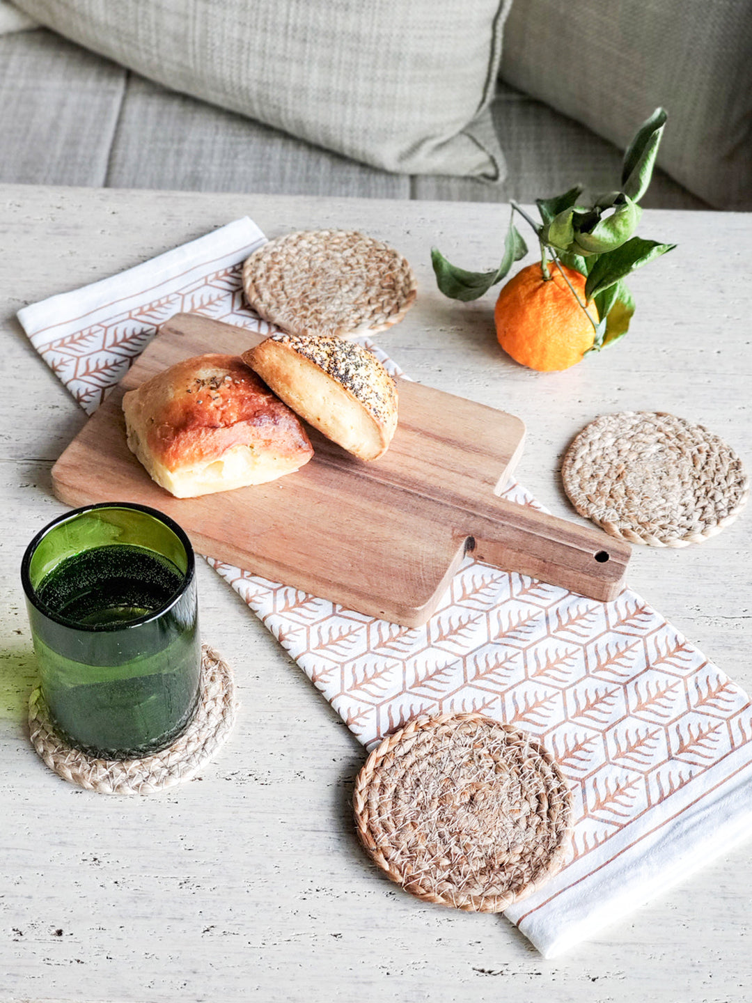 Natural jute drink coasters with flat braid weave, set of 4 for protecting surfaces