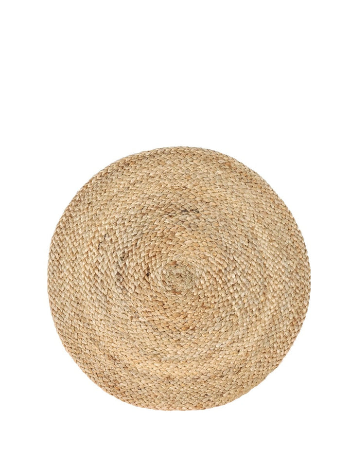 Set of four natural jute Kata round placemats by DC-KORISSA, showcasing textured woven design for dining table decor.