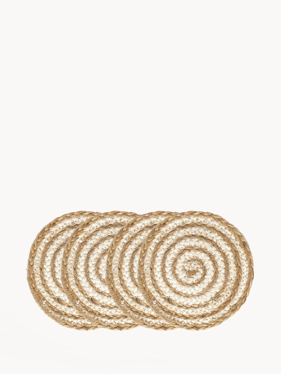 Set of 4 spiral-pattern jute coaster-trivets, handwoven natural fiber