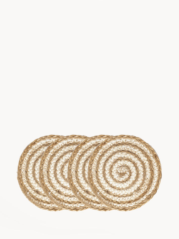 Set of 4 spiral-pattern jute coaster-trivets, handwoven natural fiber