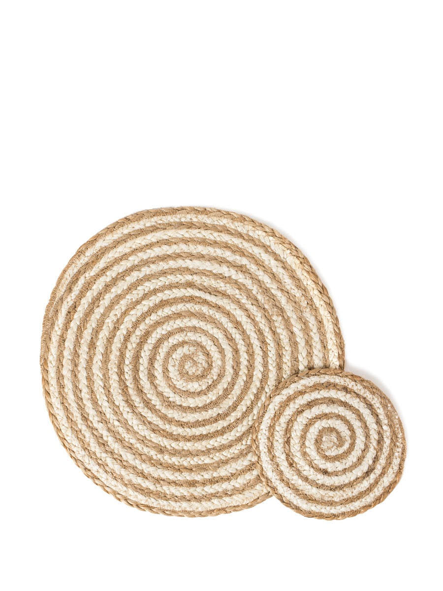 Handwoven jute coaster-trivets with distinctive spiral weave