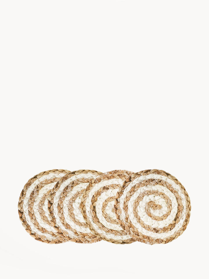 Set of 4 jute drink coasters with white yarn spiral wound from center outward