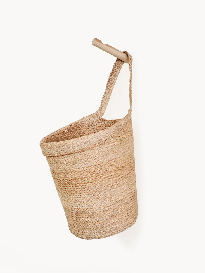 Natural jute wall hanging basket, handwoven with wall hooks for storage or plants