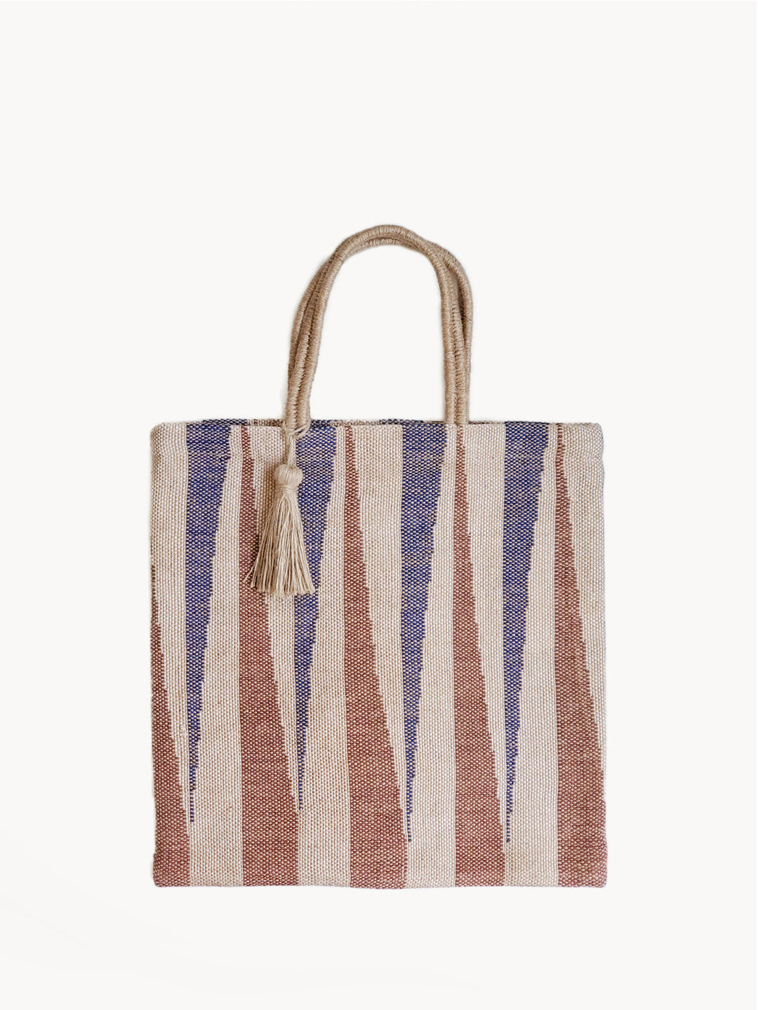 Striped jute tote bag with rust, navy, and natural vertical stripes