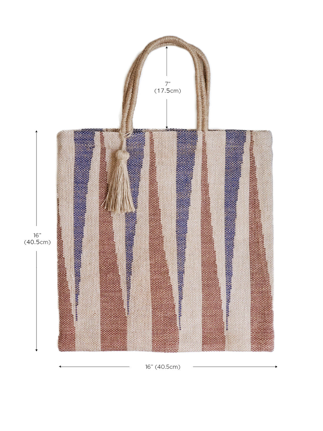 Earthy striped jute tote in rust, navy, and natural with sturdy handles